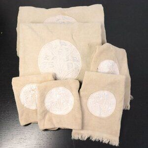 6pc Vintage Avanti Look Tan Floral Beachhouse Bathroom Terry Towel Linens Set